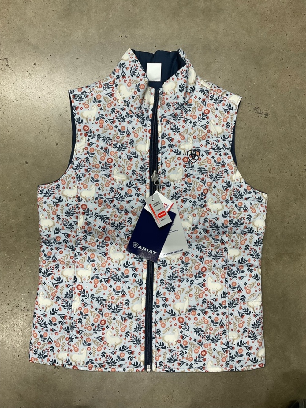 Ariat Girls White Floral Quilted Vest with Navy Trim
